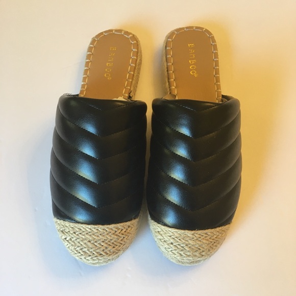 BAMBOO Black Faux Leather Quilted Chevron Mule Espadrille NIB - Picture 4 of 8
